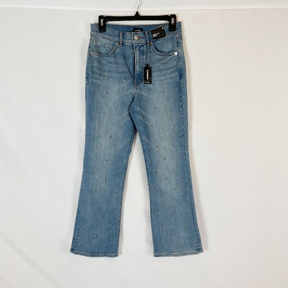 Express Jeans Blue Denim Cropped Flare High Rise Bling Rhinestone 4 - Picture 1 of 9